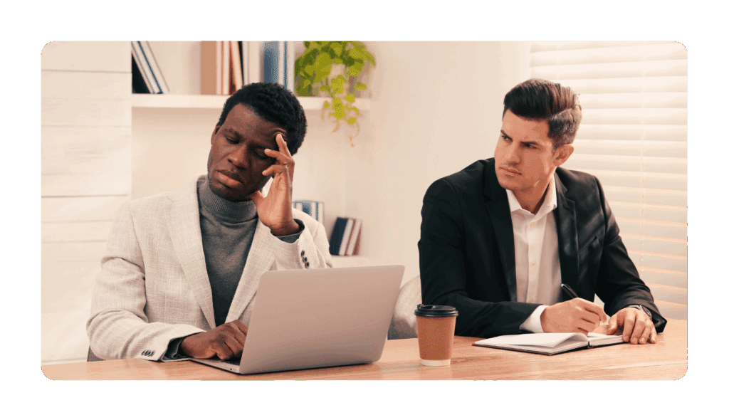 peer seemingly annoyed by their coworker who has a poor executive presence