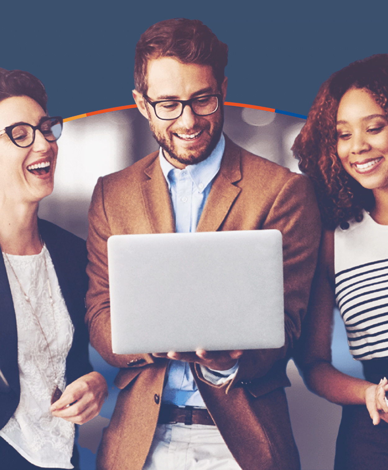 small-group-coaching a group of three smiling employees engaged in team coaching